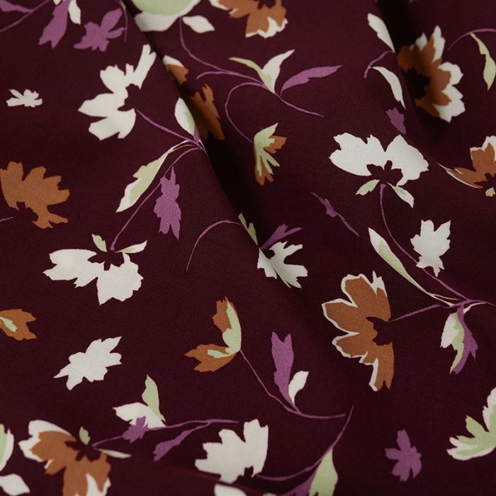 Tissu viscose stretch fleurs magnolias - bordeaux x 10 cm