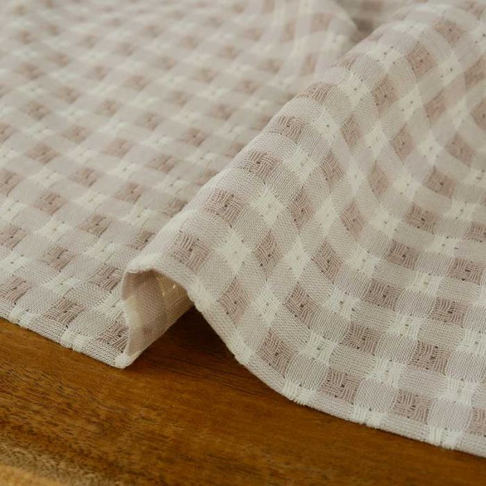 Tissu coton texturé carreaux vichy - beige x 10 cm