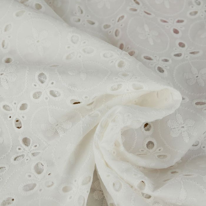 Tissu broderie anglaise médaillons fleuris - écru x 10 cm