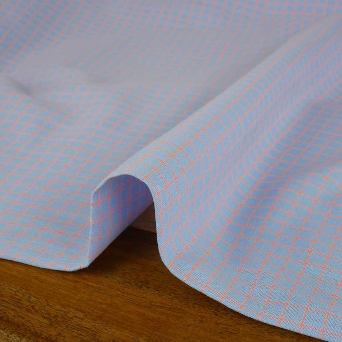 Tissu coton carreaux orange fluo - bleu lavande x 10 cm