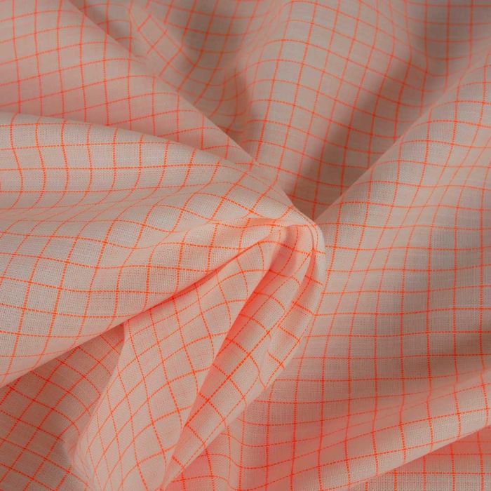 Tissu coton carreaux orange fluo - blanc x 10 cm