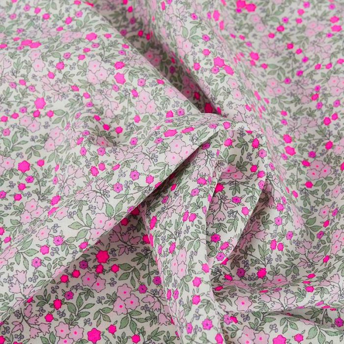 Tissu coton motifs fleurs fluo - rose x 10 cm
