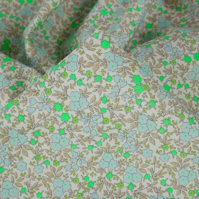 Tissu coton motifs fleurs fluo - vert x 10 cm