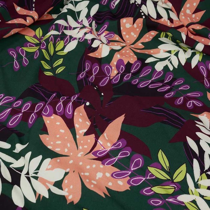 Tissu viscose fleurs tropicales - vert foncé x 10 cm