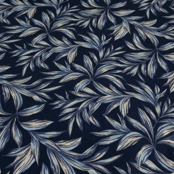 Tissu lin viscose feuillages - bleu marine x 10 cm
