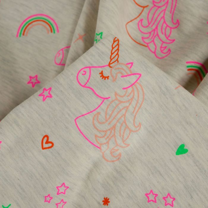 Tissu jersey fin licornes fluo - écru x 10 cm