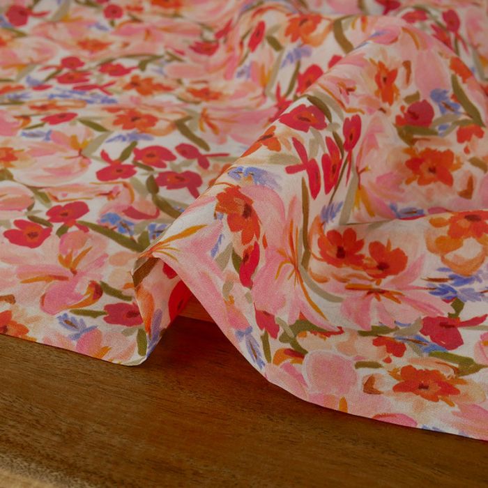 Tissu voile coton fleurs de printemps - orange x 10 cm