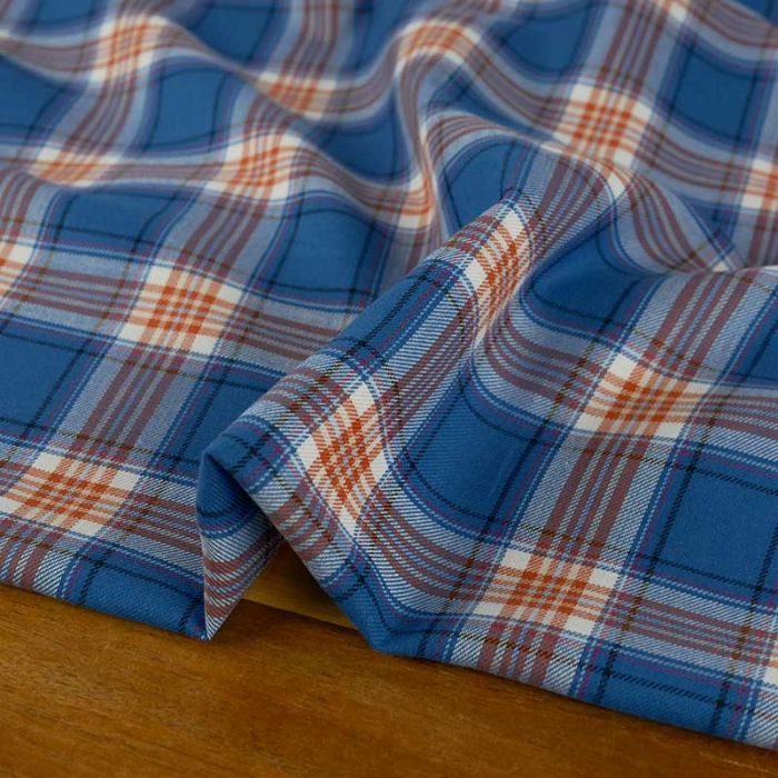 Tissu coton tartan carreaux camel - bleu x 10 cm