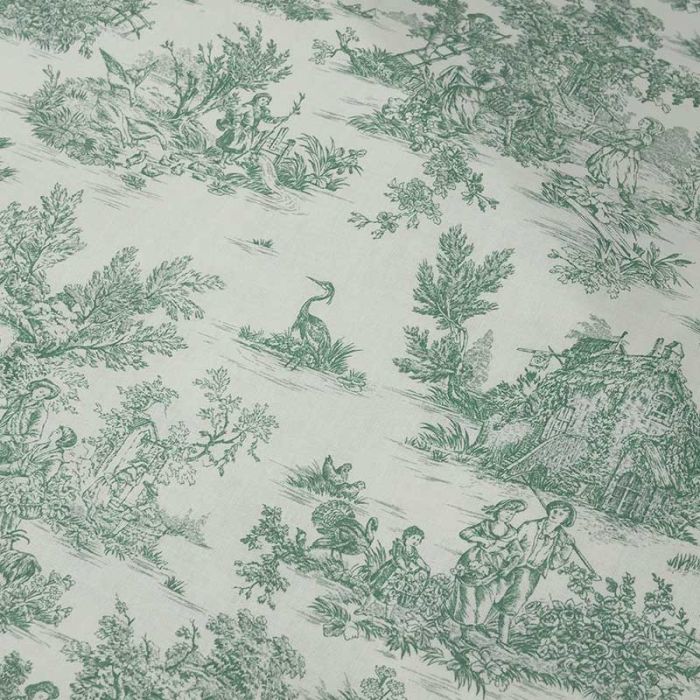Tissu popeline coton toile de jouy vert - écru x 10 cm