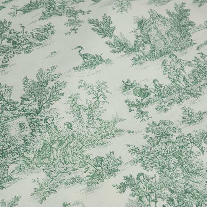 Tissu popeline coton toile de jouy vert - écru x 10 cm