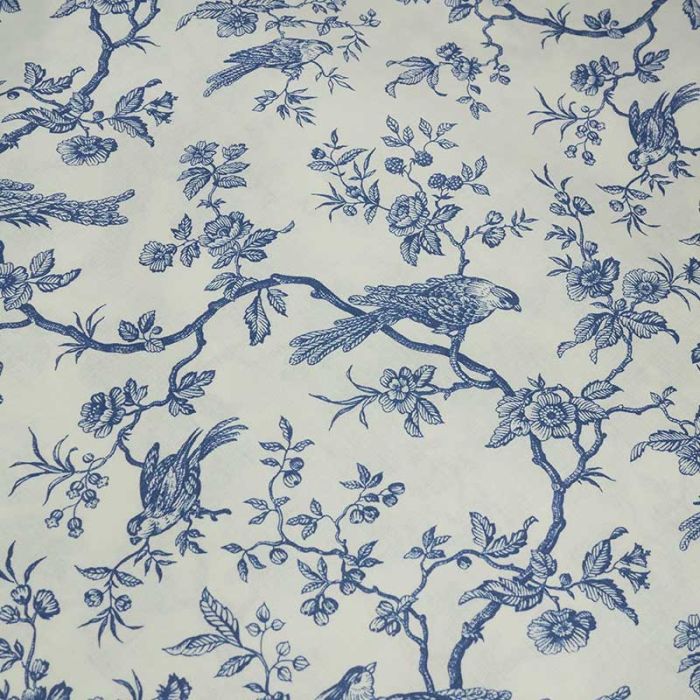 Tissu cretonne toile de jouy mésanges - bleu x 10 cm