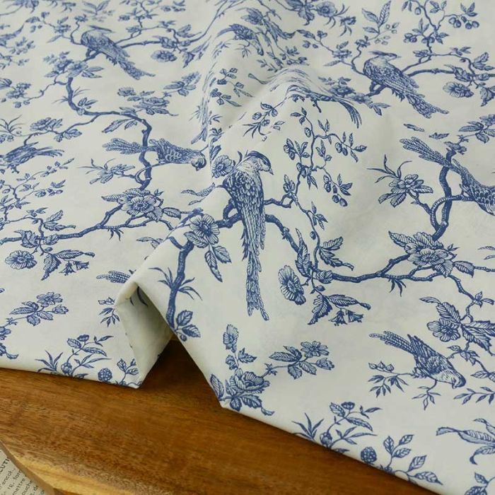 Tissu cretonne toile de jouy mésanges - bleu x 10 cm
