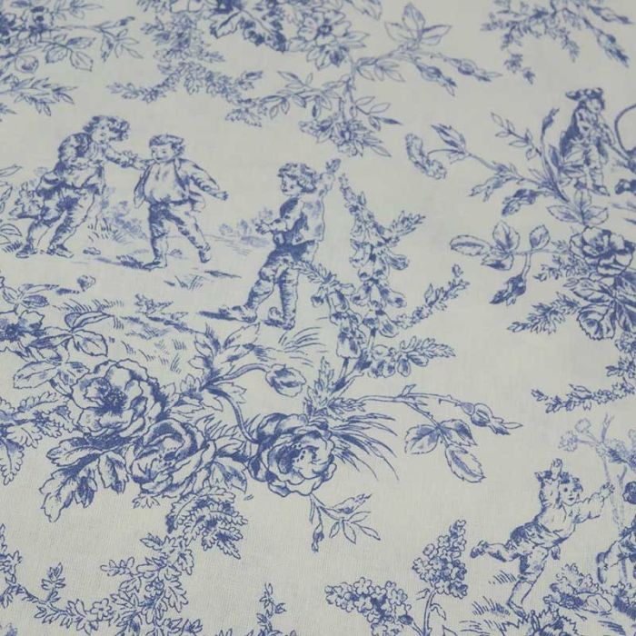 Tissu cretonne toile de jouy enfant - bleu x 10 cm