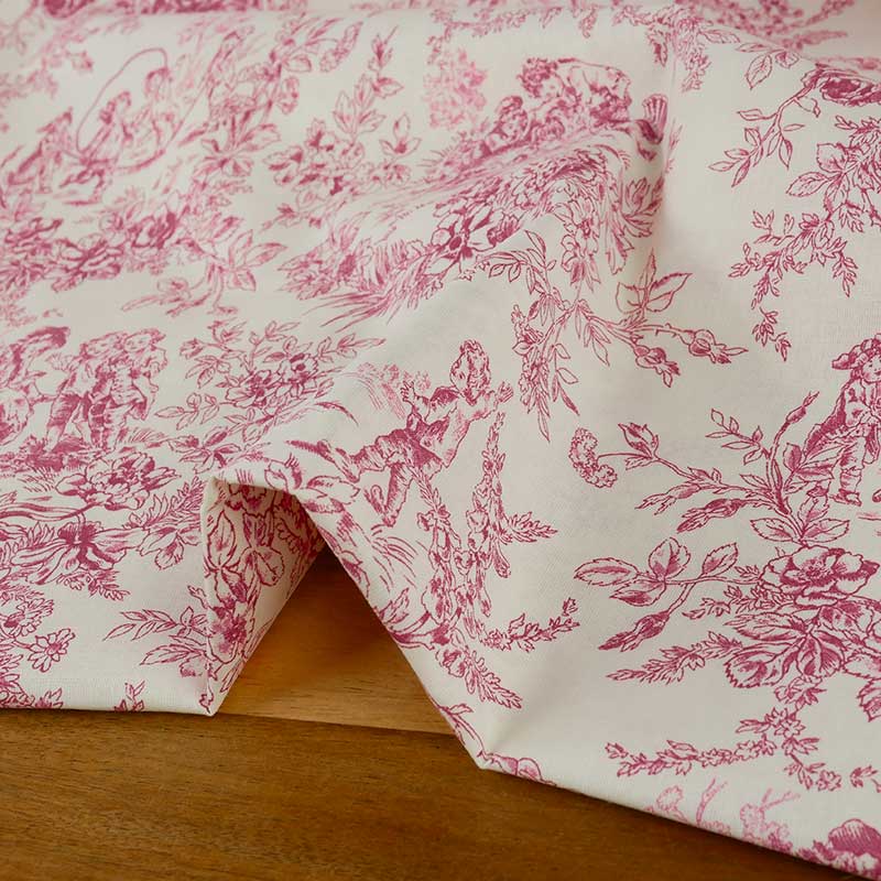 Tissu Toile De Jouy En Satin Coton Blanc Cassé Et Rouge - Largeur 140 Cm, Motif Champêtre Romantique, Fait En France