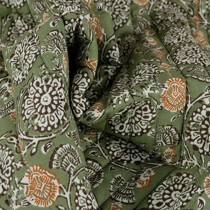 Tissu matelassé réversible fleurs indiennes - kaki x 10 cm