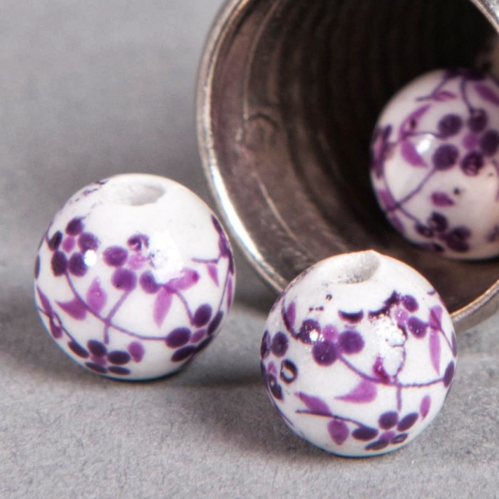 Perle en céramique Fleurie ronde Violette 8mm x1