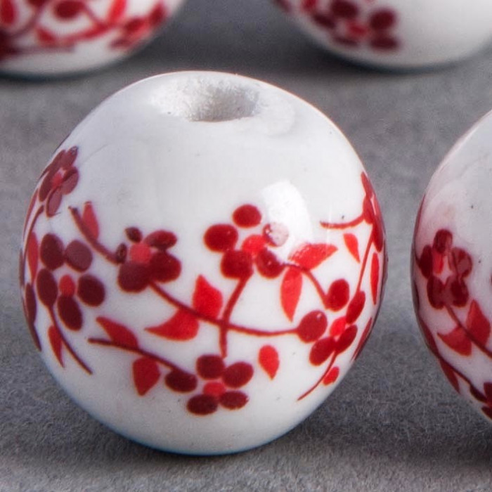 Perle en céramique Fleurie ronde Rouge 20mm x1