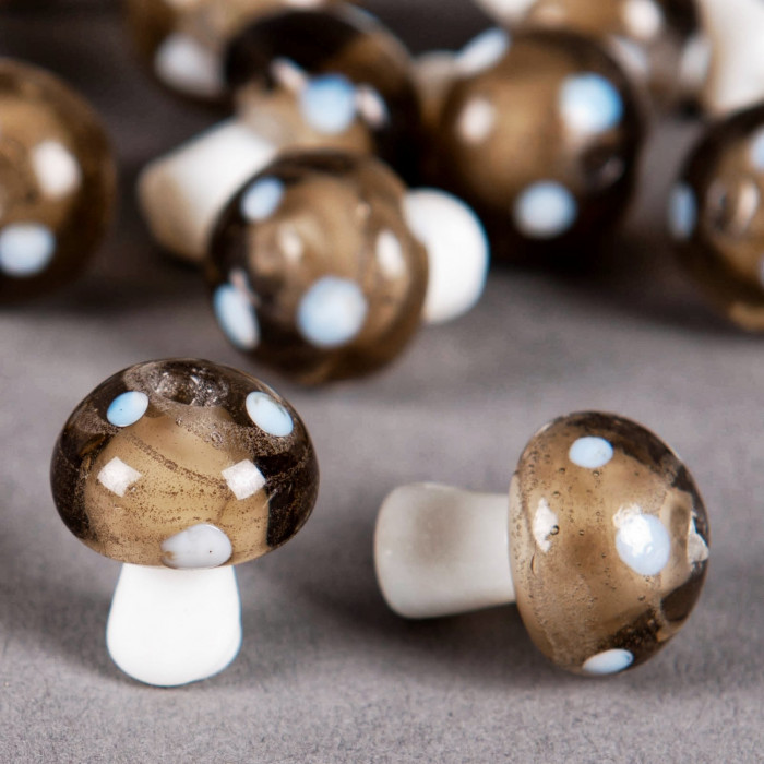 Perle en verre champignon 19mm gris à pois blanc x1