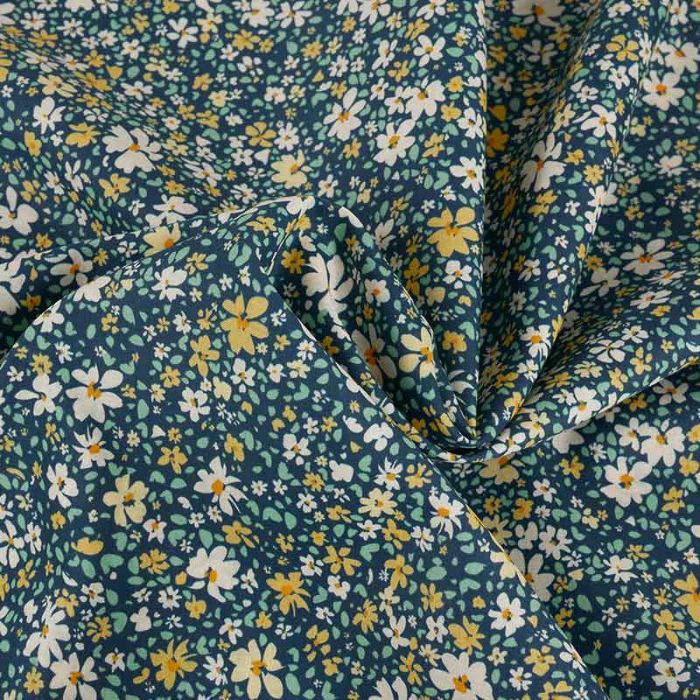 Tissu batiste coton fleurs haute couture - bleu marine x 10 cm