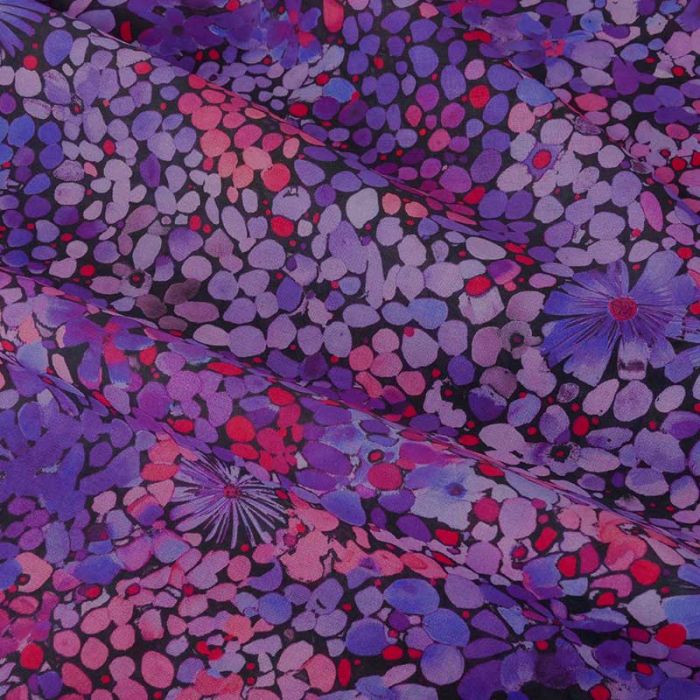 Tissu voile coton fleurs cosmos - violet x 10 cm