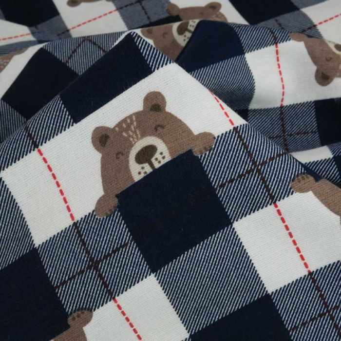 Tissu flanelle coton carreaux oursons - bleu marine x 10 cm