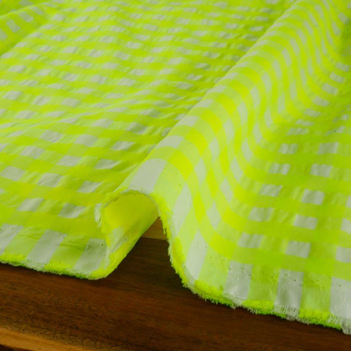 Tissu seersucker grands carreaux fluo - jaune x 10 cm
