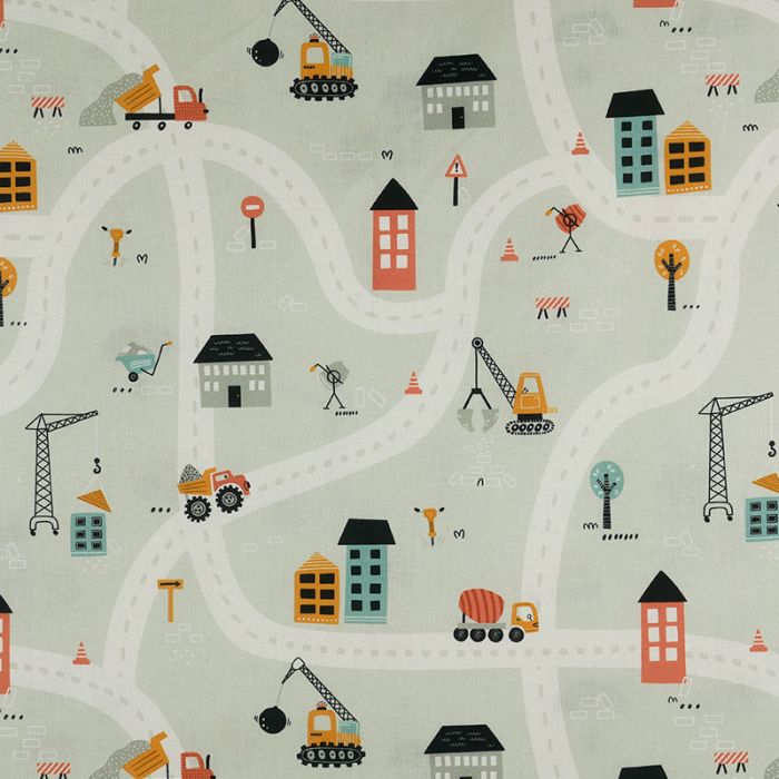 Tissu popeline coton circuit chantier - gris clair x 10 cm