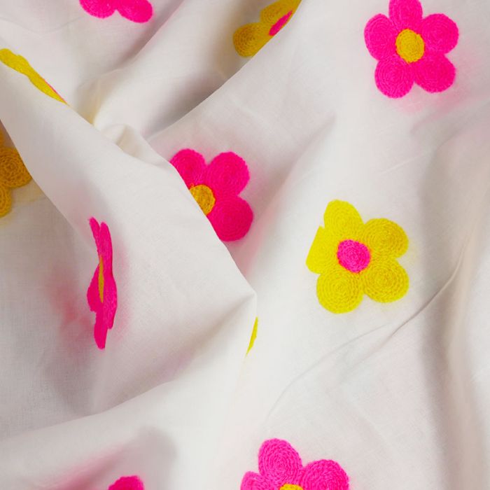 Tissu voile broderie fleurs fluo - blanc x 10 cm