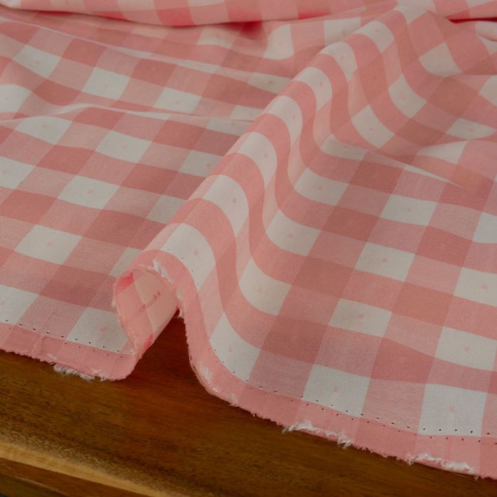 Tissu voile ramie vichy plumetis - rose corail x 10 cm