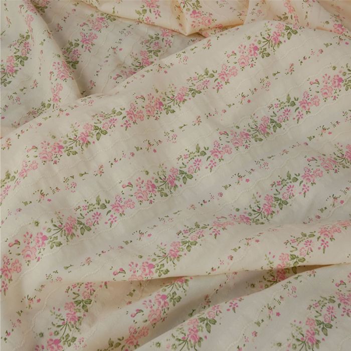 Tissu voile coton broderie fleurs rose - écru x 10 cm