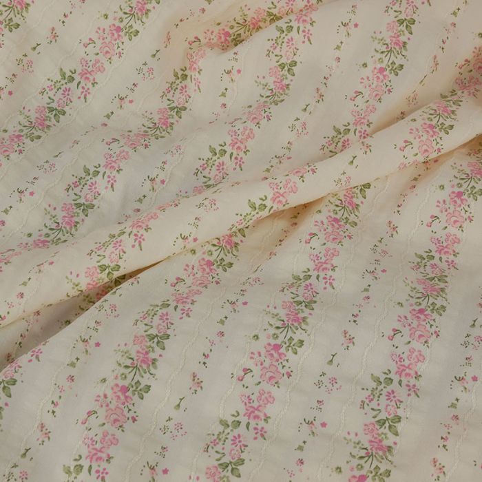 Tissu voile coton broderie fleurs rose - écru x 10 cm