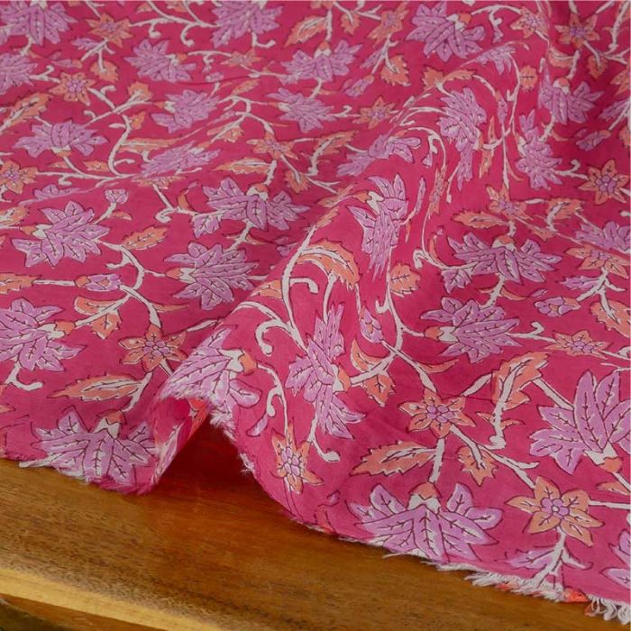 Tissu voile fleurs indiennes - rose fuchsia x 10 cm