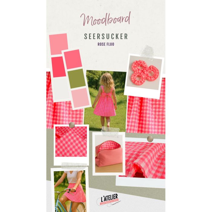 Tissu seersucker grands carreaux fluo - rose x 10 cm