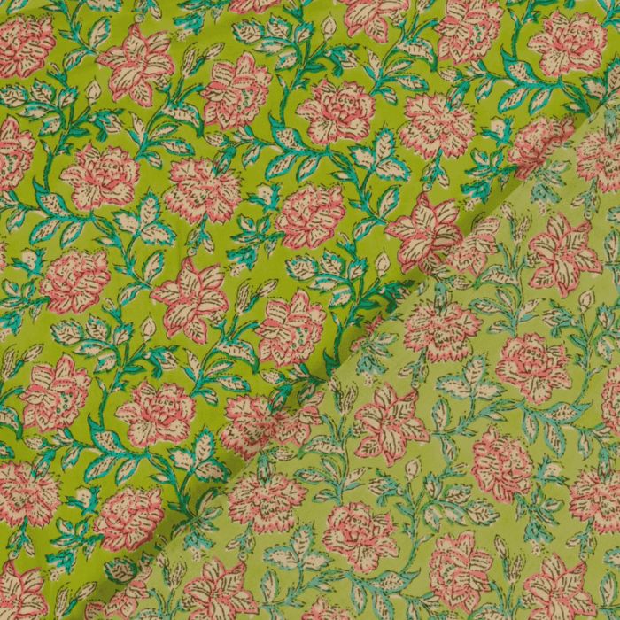 Tissu voile fleurs indiennes - vert anis x 10 cm