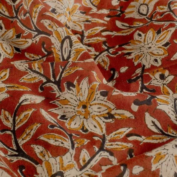 Tissu voile fleurs indiennes batik - terracotta x 10 cm