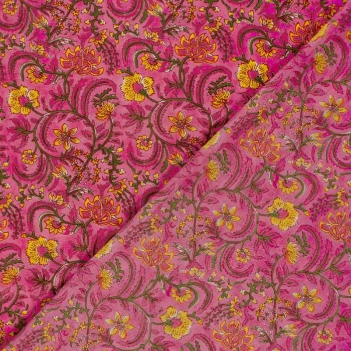 Tissu voile fleurs indiennes - rose x 10 cm