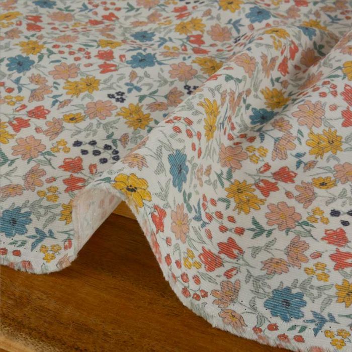 Tissu velours milleraies fleurs pastel - écru x 10 cm