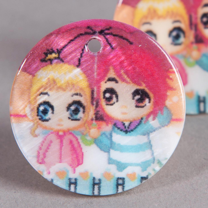 Pendentif sequin en nacre 25mm à motif manga rose x1