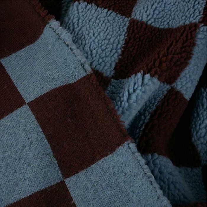 Tissu fausse fourrure sherpa damier - bleu bordeaux x 10 cm