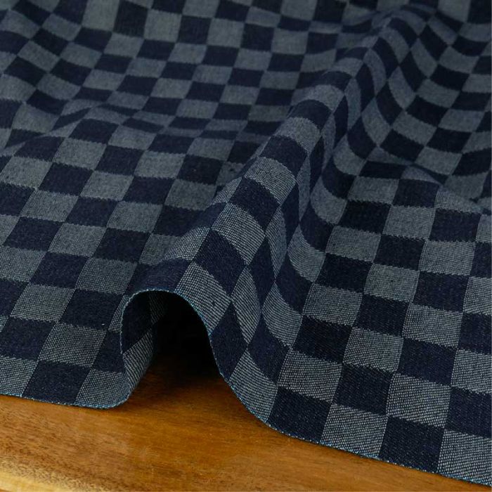 Tissu denim jacquard damier - bleu foncé x 10 cm
