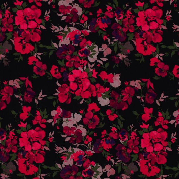 Tissu viscose fleurs rose fuchsia - noir x 10 cm