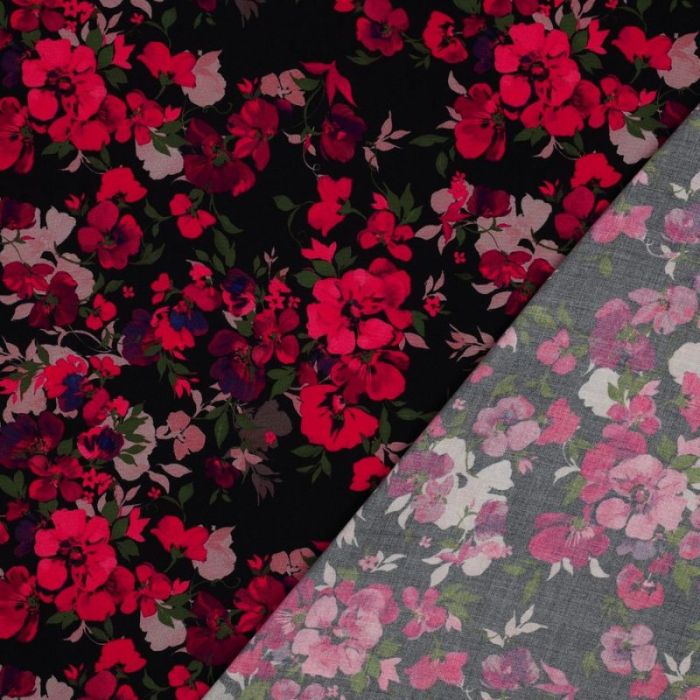 Tissu viscose fleurs rose fuchsia - noir x 10 cm