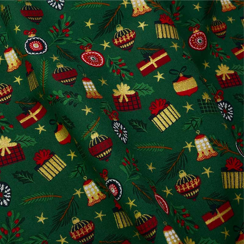 Tissu popeline de coton décorations Noël - vert x 10 cm