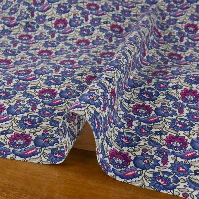 Tissu cretonne fleurs indiennes - bleu cobalt x 10 cm
