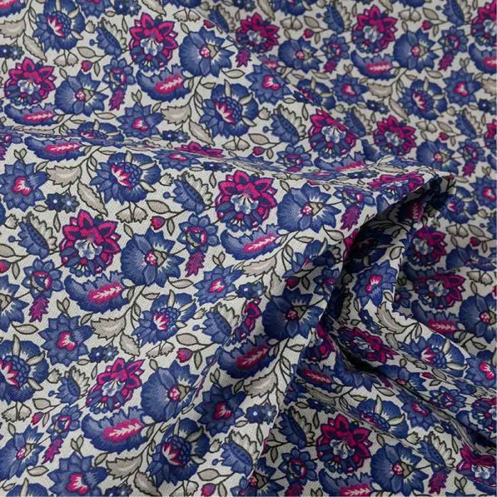 Tissu cretonne fleurs indiennes - bleu cobalt x 10 cm