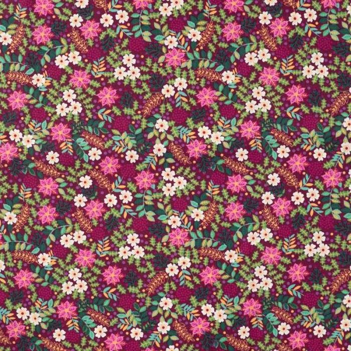 Tissu popeline de coton fleurs de Noël - violet x 10 cm