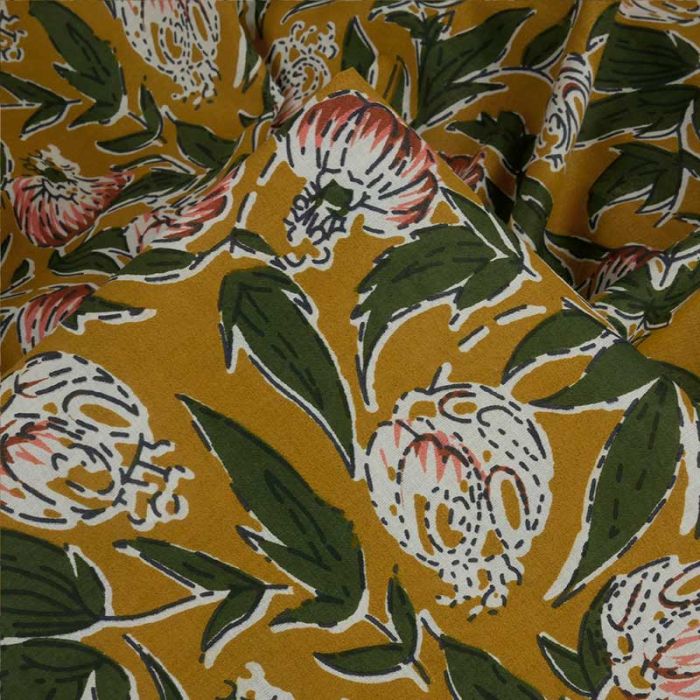 Tissu block print indien Oshari fleurs - ocre x 10 cm