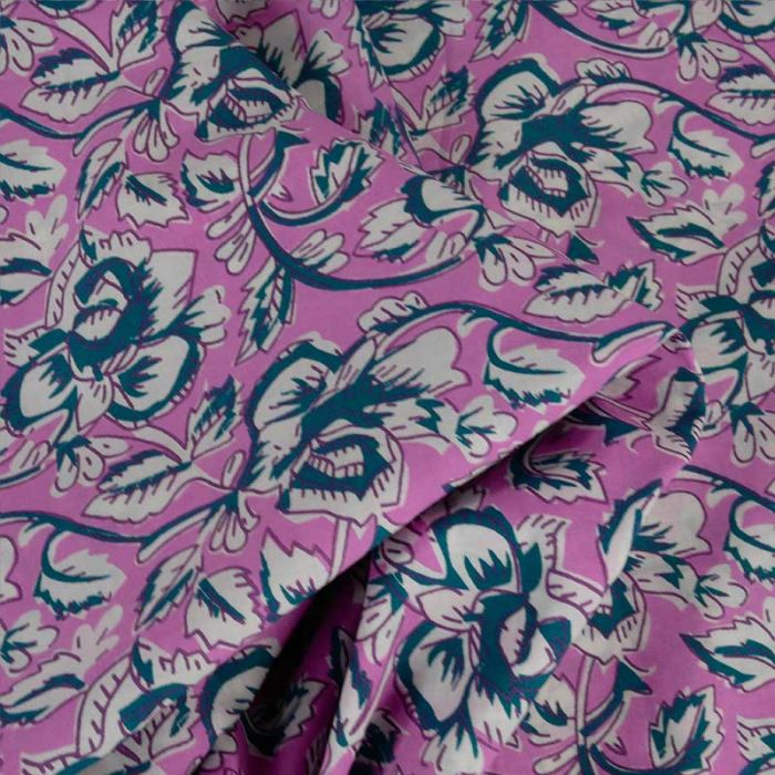 Tissu block print indien Serani fleurs - rose x 10 cm