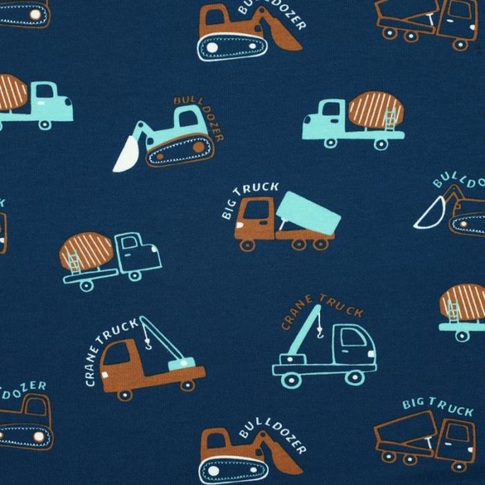 Tissu sweat léger camions - bleu pétrole x 10 cm