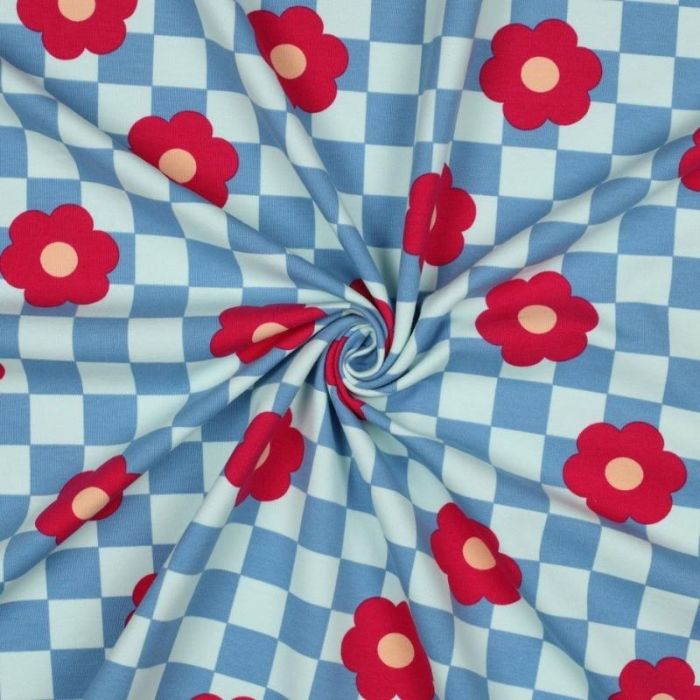 Tissu sweat léger fleurs damiers - bleu x 10 cm